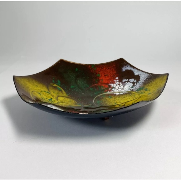 Vintage ENAMELED Copper Art BOWL 5.5” Footed MCM Green Yellow Red Abstract Swirl - Picture 2 of 7